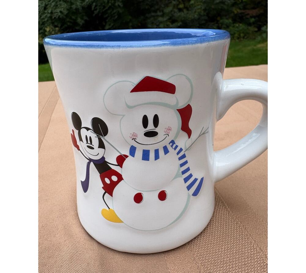 Disney Mickey Mouse Snowman Winter Mug Blue Interior Snowflakes 4.5” Ceramic